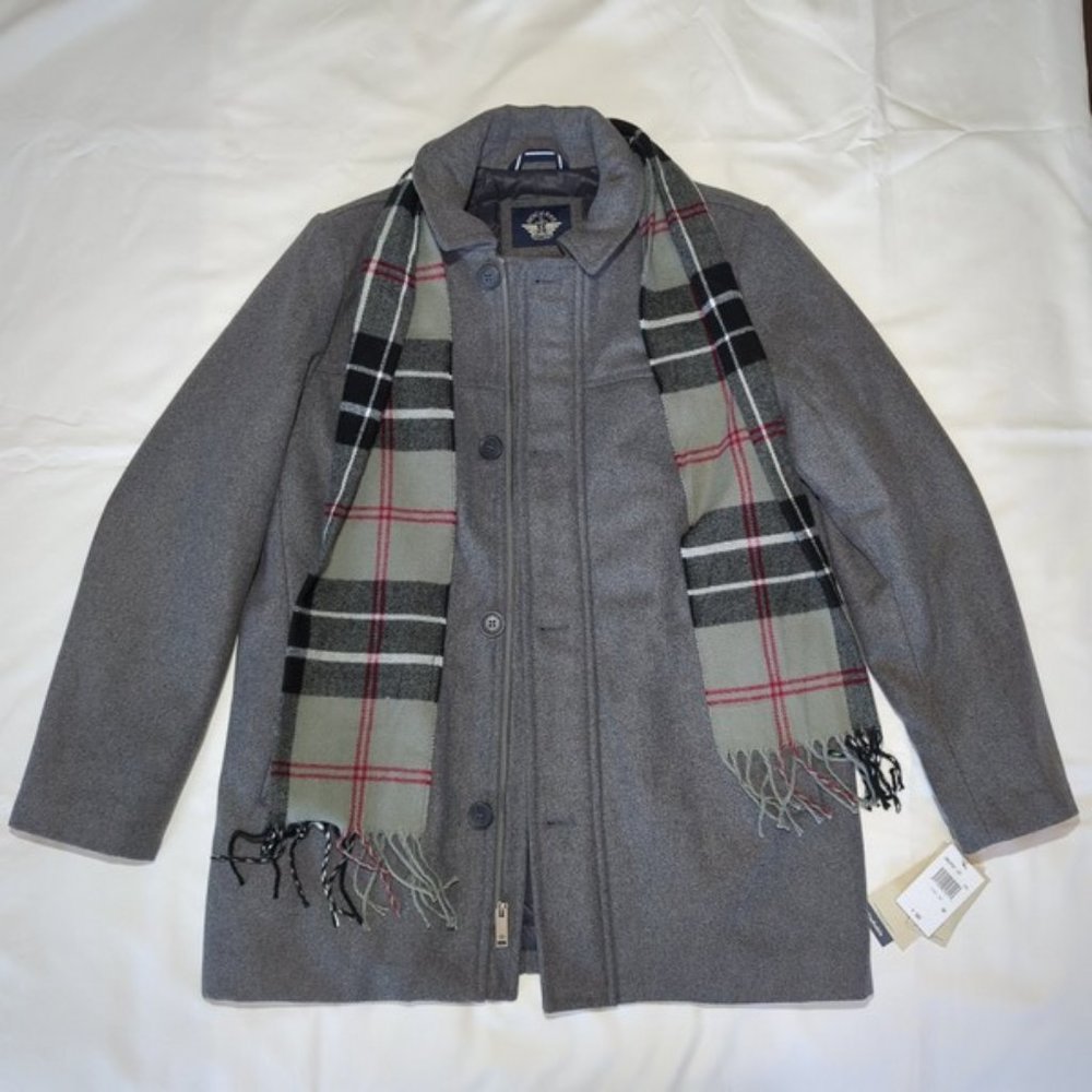 Dockers Mens Midweight Wool Blend Coat with Scarf Zipper Buttons Grey Medium